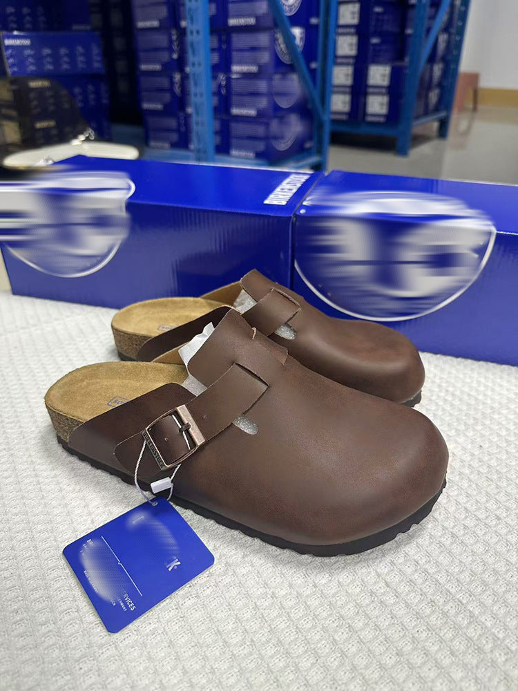 Unisex Leather Slippers with Cork Sole